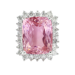 Kunzite rosa taglio cuscino con anello di diamanti Gioielli in oro bianco 21 ct