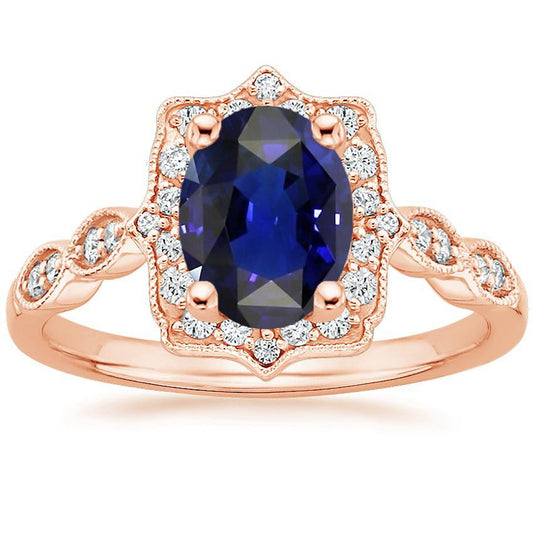 Like Edwardian Jewelry Anello in oro rosa con diamanti e zaffiro ovale di Ceylon