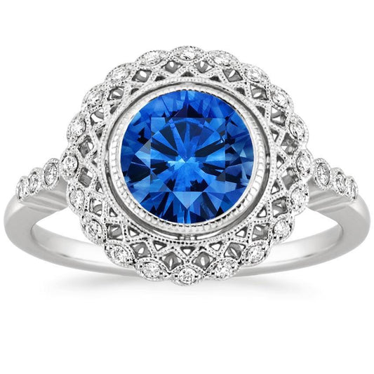 Set di castoni per anello con zaffiro rotondo di Ceylon e diamanti, oro bianco 14 carati, 3,80 carati - harrychadent.it