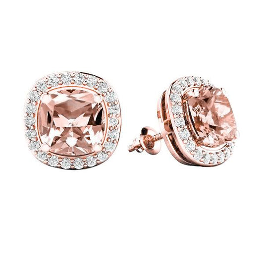 Morganite Con Diamanti 12.70 Carati Orecchini A Lobo In Oro Rosa 14K - harrychadent.it