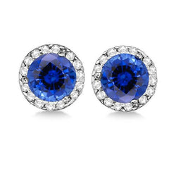 Orecchini Halo Stud con zaffiri dello Sri Lanka da 5,50 carati e diamanti taglio rotondo