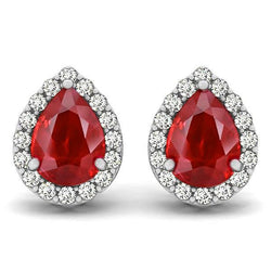 Orecchini Halo a perno con rubini e diamanti da 8.60 ct in oro bianco 14K