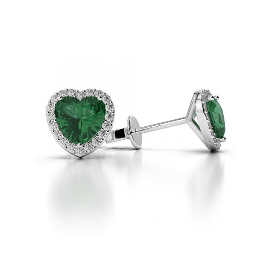 Orecchini Halo in oro con smeraldo verde da 4,40 ct con taglio a cuore e diamanti a bottone - harrychadent.it