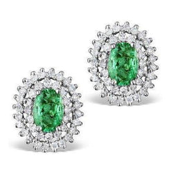 Orecchini a bottone con smeraldo verde e diamanti Oro bianco 14K 3.80 C