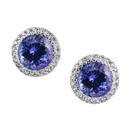 Orecchini a bottone con tanzanite rotonda e diamanti da 5.20 ct in oro bianco 14K - harrychadent.it