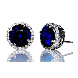 Orecchini a bottone con zaffiro blu e diamanti 6.44 carati Oro bianco 14K