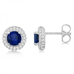 Orecchini a bottone con zaffiro blu e diamanti da 7.20 carati in oro bianco 14K