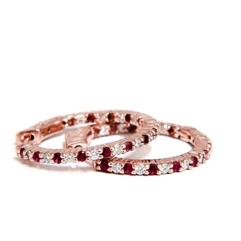 Orecchini a cerchio con diamanti taglio rotondo rosso rubino oro rosa 14 carati 4 carati - harrychadent.it