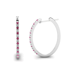 Orecchini a cerchio in oro bianco con zaffiri rosa tondi da 8.50 ct e diamanti