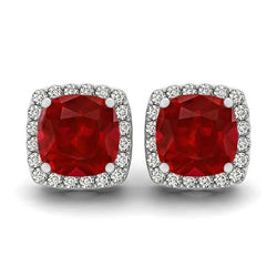 Orecchini a lobo con rubini a cuscino con diamanti 8.40 carati Halo Gold 14K