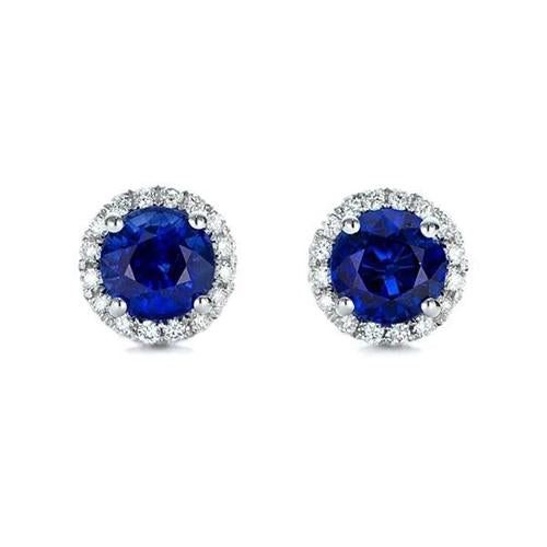 Orecchini a lobo con zaffiro dello Sri Lanka e diamanti rotondi aureola 6,60 ct. WG 14K - harrychadent.it