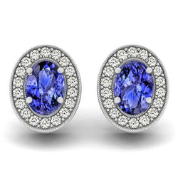 Orecchini a lobo in oro bianco 14K con tanzanite blu e diamanti Halo 6 Ct