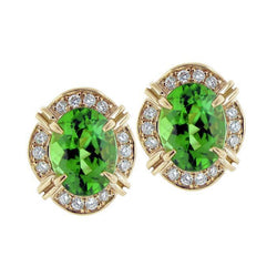 Orecchini con perno in tormalina verde da 15,30 carati e diamante ovale in oro giallo 14 carati