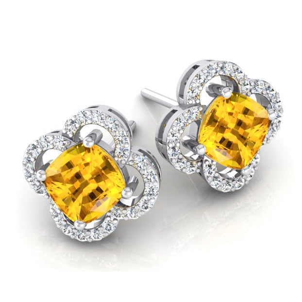 Orecchini in zaffiro giallo con diamanti in stile foglia di trifoglio 7,75 carati