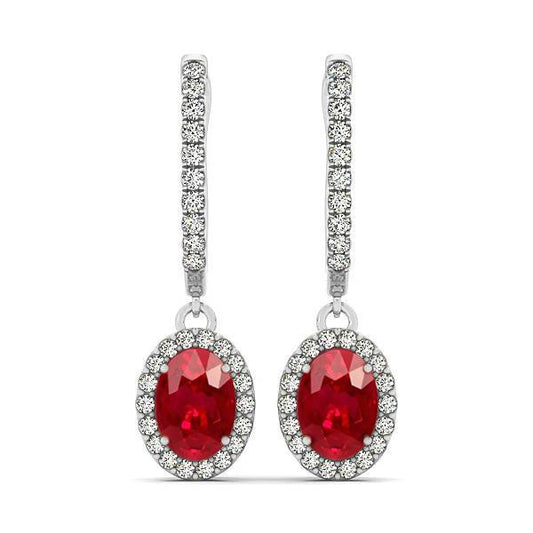 Orecchini pendenti con rubini a taglio ovale e diamanti rotondi da 7.50 ct in oro 14 kt - harrychadent.it