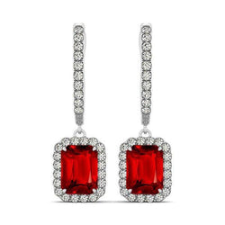 Orecchini pendenti da donna con rubino rosso 9 ct e diamanti in oro bianco