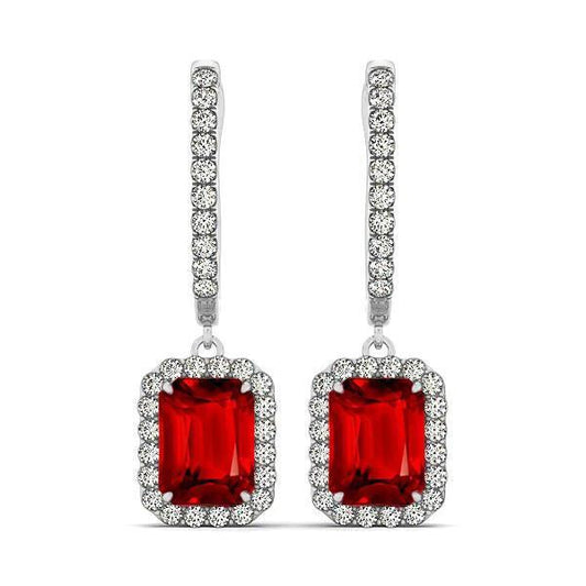 Orecchini pendenti da donna con rubino rosso 9 ct e diamanti in oro bianco - harrychadent.it