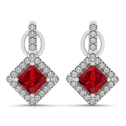 Orecchini pendenti da donna in oro bianco 14 kt con rubini rossi da 6 ct e diamanti