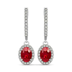 Orecchini pendenti da donna in oro bianco 14K 4 carati con rubini e diamanti