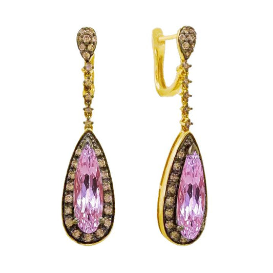 Orecchini pendenti da donna in oro giallo 14K . con kunzite da 31,50 ct con diamanti - harrychadent.it