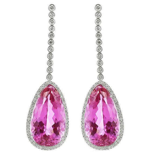 Orecchini pendenti in oro 14 kt con kunzite rosa taglio pera da 41.42 ct con diamanti - harrychadent.it