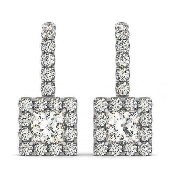 Orecchini pendenti in oro bianco 14K con diamanti rotondi e principessa 2.20 carati - harrychadent.it