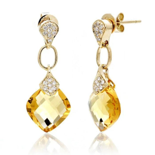 Orecchini pendenti in oro giallo con citrino a cuscino da 37.70 ct con diamanti - harrychadent.it