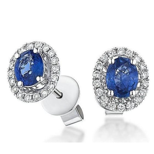 Orecchino a bottone con diamante Halo con zaffiro blu di Ceylon taglio ovale 3,36 ct WG 14K - harrychadent.it