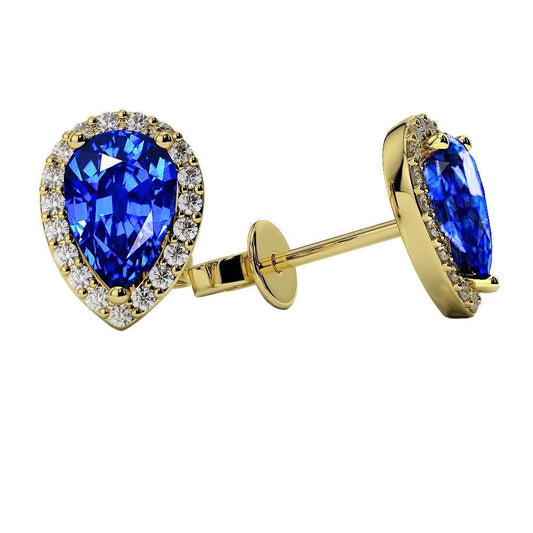 Zaffiro a forma di pera da 4.50 carati con borchie di diamanti rotondi Halo Yg 14K - harrychadent.it