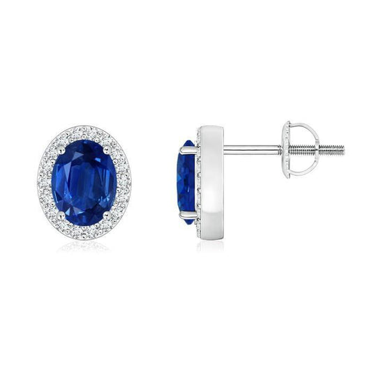 Orecchino Halo con zaffiro Ceylon ovale e diamanti 3,20 ct e oro bianco 14 carati - harrychadent.it