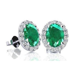 Orecchino A Bottone Halo Con Smeraldo Verde Taglio Ovale Da 12,30 Carati Con Diamante In Oro Bianco 14K