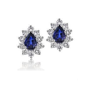Orecchino a perno con diamante Halo con zaffiro dello Sri Lanka taglio a pera 5,0 ct. WG 14K - harrychadent.it