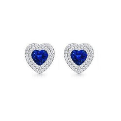 Orecchino a bottone a forma di cuore con zaffiro di Ceylon e diamanti rotondi da 3 ct in oro bianco 14K