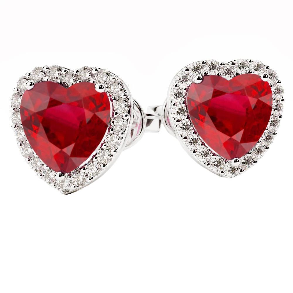 Orecchino a bottone con diamanti e rubini rossi a taglio cuore da 5.20 carati in oro bianco 14K - harrychadent.it