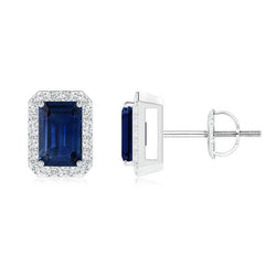 Orecchino a bottone con zaffiro blu dello Sri Lanka e diamanti taglio smeraldo da 3.20 ct