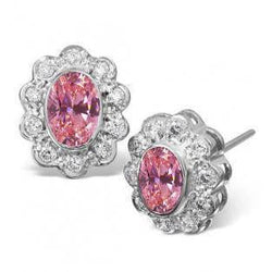 Orecchino a bottone con zaffiro rosa taglio ovale e diamanti in oro bianco 14K 3 ct