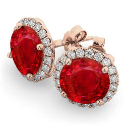 Orecchino a bottone in oro rosa con rubino rosso rotondo da 7.50 ct e diamante aureo