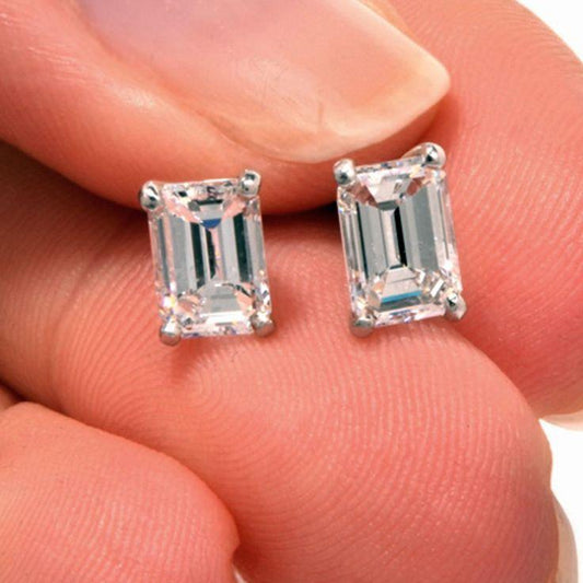 Orecchino a bottone solitario con diamante taglio smeraldo in oro bianco 14 carati 2 carati - harrychadent.it