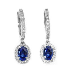 Orecchino a goccia con zaffiro ovale blu e diamante da 3.06 carati in oro bianco 14K
