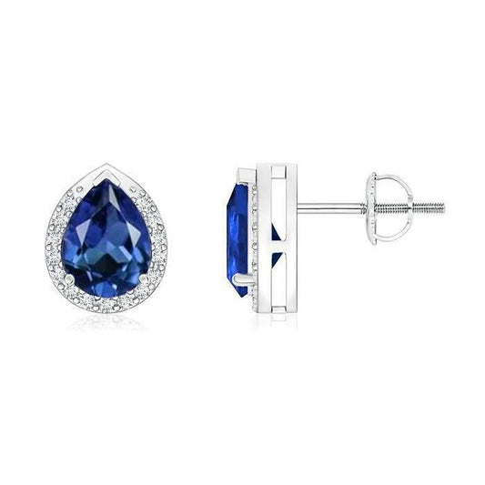 Orecchino a lobo con diamante tondo zaffiro blu pera dello Sri Lanka 3 ct - harrychadent.it