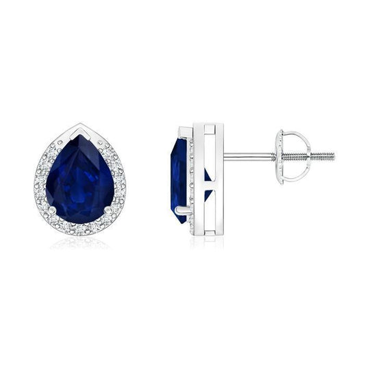 Orecchino a perno con diamante rotondo con zaffiro blu di Ceylon a pera 2.80 carati WG 14K - harrychadent.it