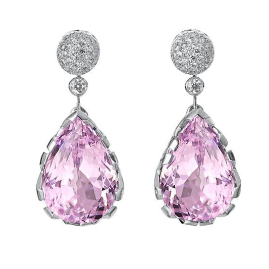 Orecchino pendente con kunzite taglio pera e diamante rotondo 8.70 carati WG 14K - harrychadent.it