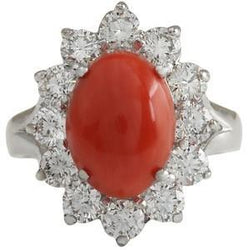 Oro bianco 16.50 ct. Anello solitario con accento di corallo rosso e diamanti