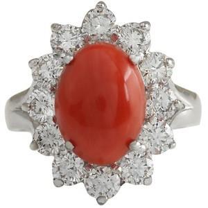 Oro bianco 16.50 ct. Anello solitario con accento di corallo rosso e diamanti - harrychadent.it