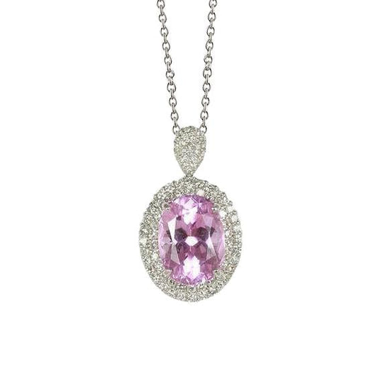Pendente Kunzite Rosa Taglio Ovale E Diamante 15.50 Carati Oro Bianco 14K - harrychadent.it