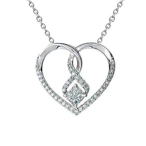 Ciondolo a cuore con principessa e diamante rotondo in oro bianco 1,39 carati 14K - harrychadent.it