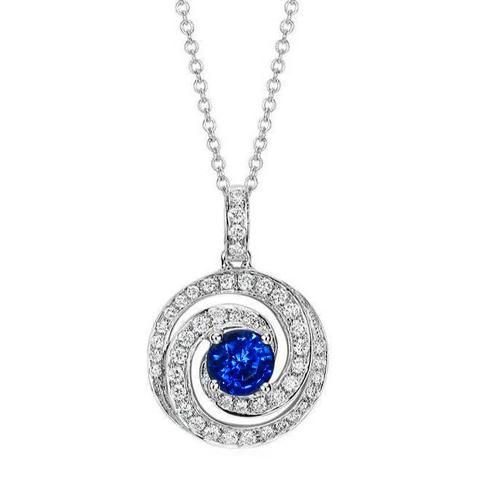 Pendente con zaffiro di Ceylon rotondo 3 carati e diamante in oro bianco 14K - harrychadent.it
