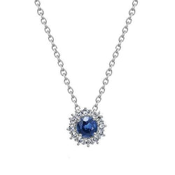 Pendente da donna collana con zaffiro tondo e 2 diamanti carati in oro bianco 14 carati