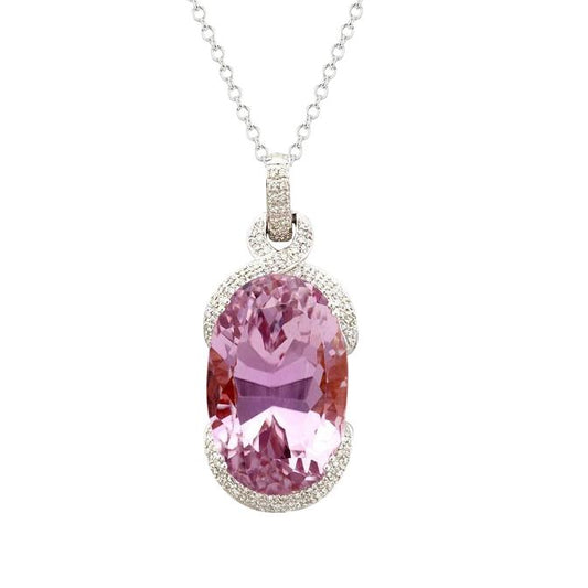 Pendente da donna in oro bianco con diamanti kunzite rosa grande taglio ovale 34.50 ct - harrychadent.it