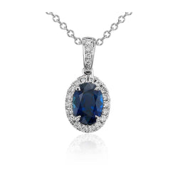 Pendente ovale con zaffiro dello Sri Lanka e diamanti. 4.70 carati. oro bianco 14K